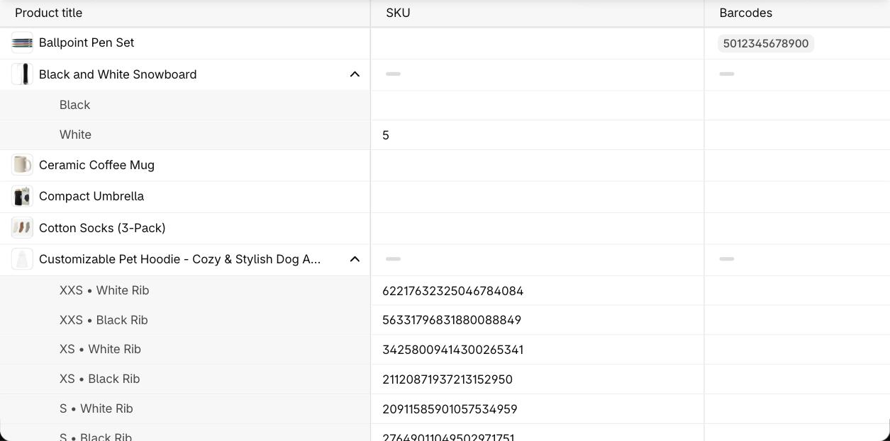 Shopify bulk editor with the SKU and Barcodes columns added, showing product and variant rows