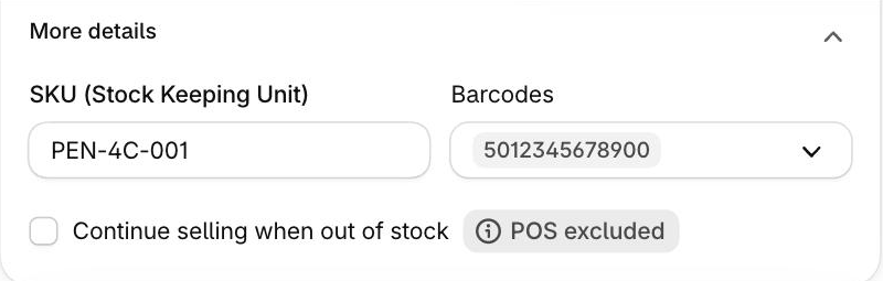 Shopify product page showing the SKU and Barcodes fields side by side under More details